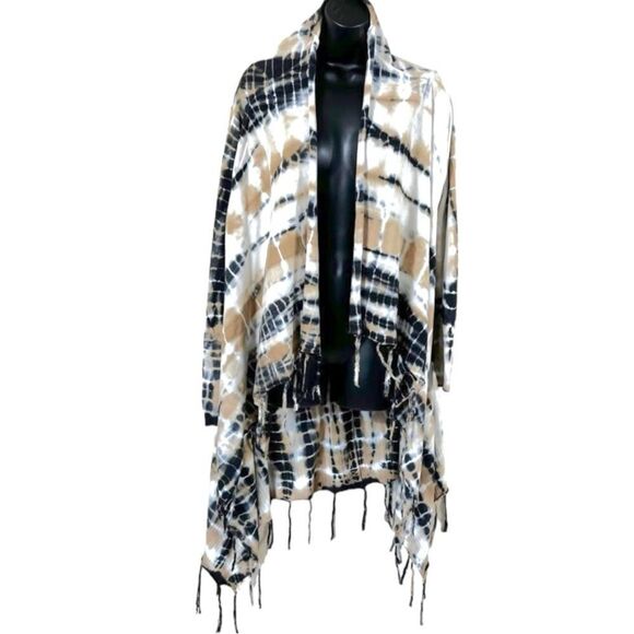 Soft Surroundings Tan Black Tie Die Fringe Open Front Drape Cardigan - Picture 1 of 8